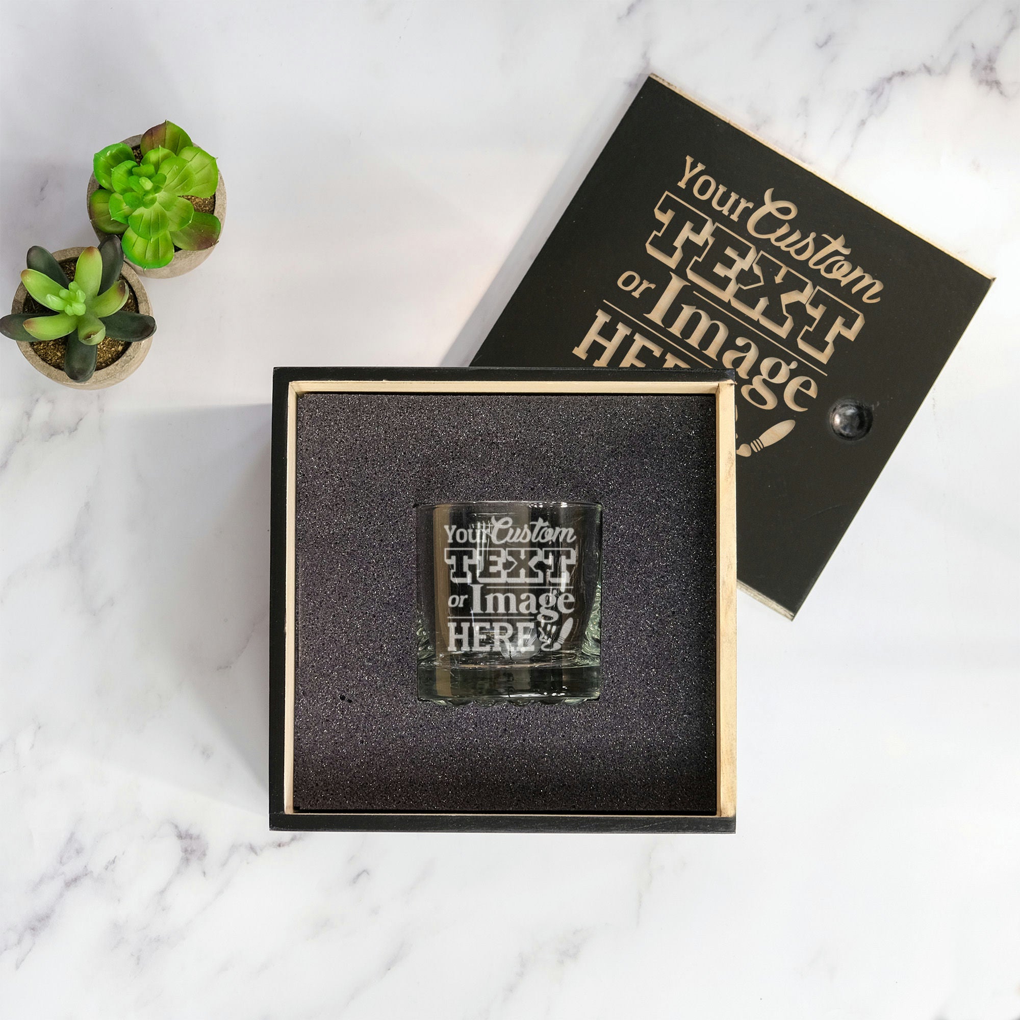 Custom Whiskey Glass in Wood Slide Gift Box, Design: CUSTOM