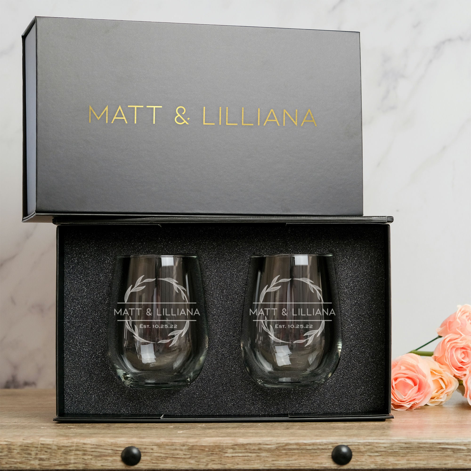 Engagement Stemless Wine Glass Set in Magnetic Gift Box, Design: N8