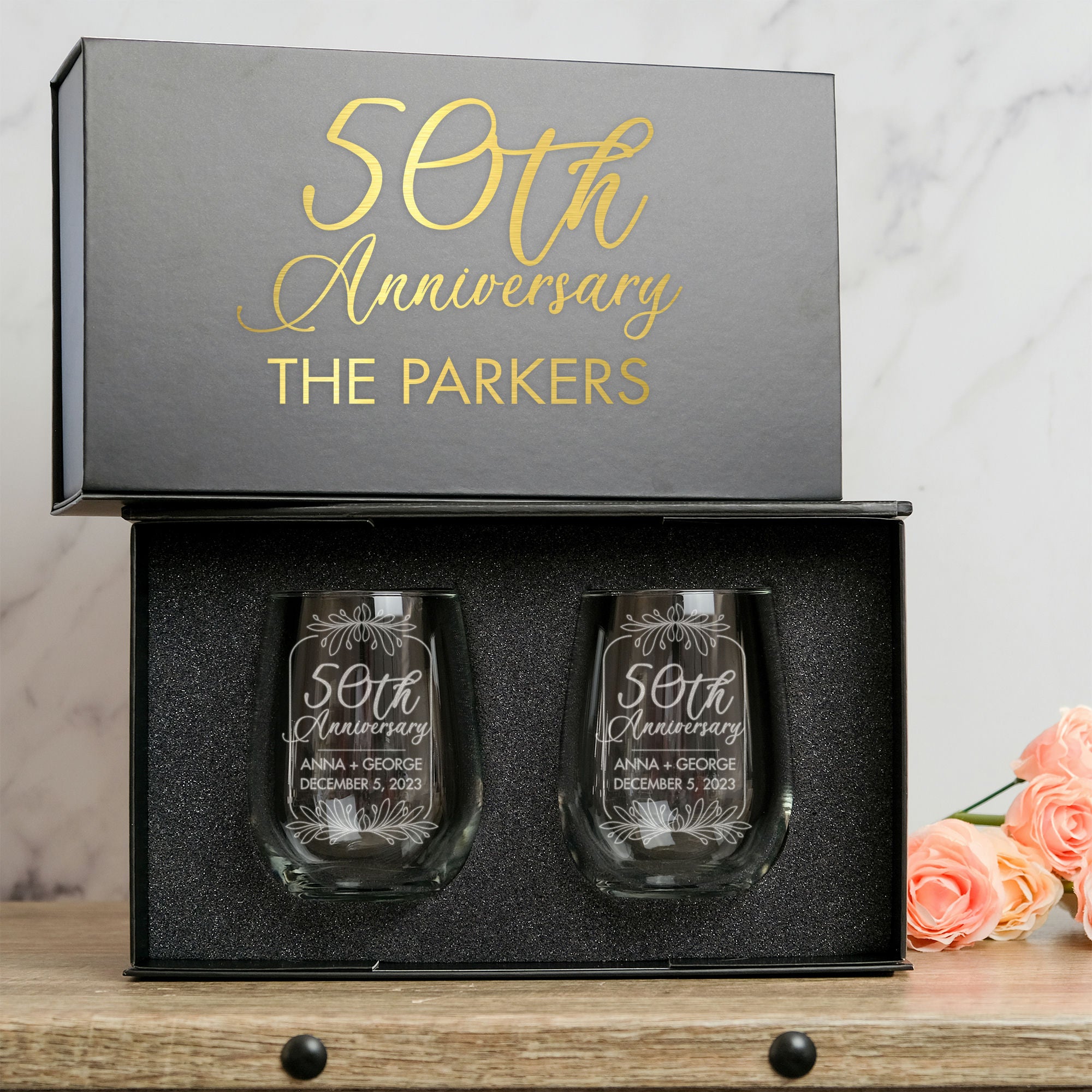 Anniversary Stemless Wine Glass Set in Magnetic Gift Box, Design: A1