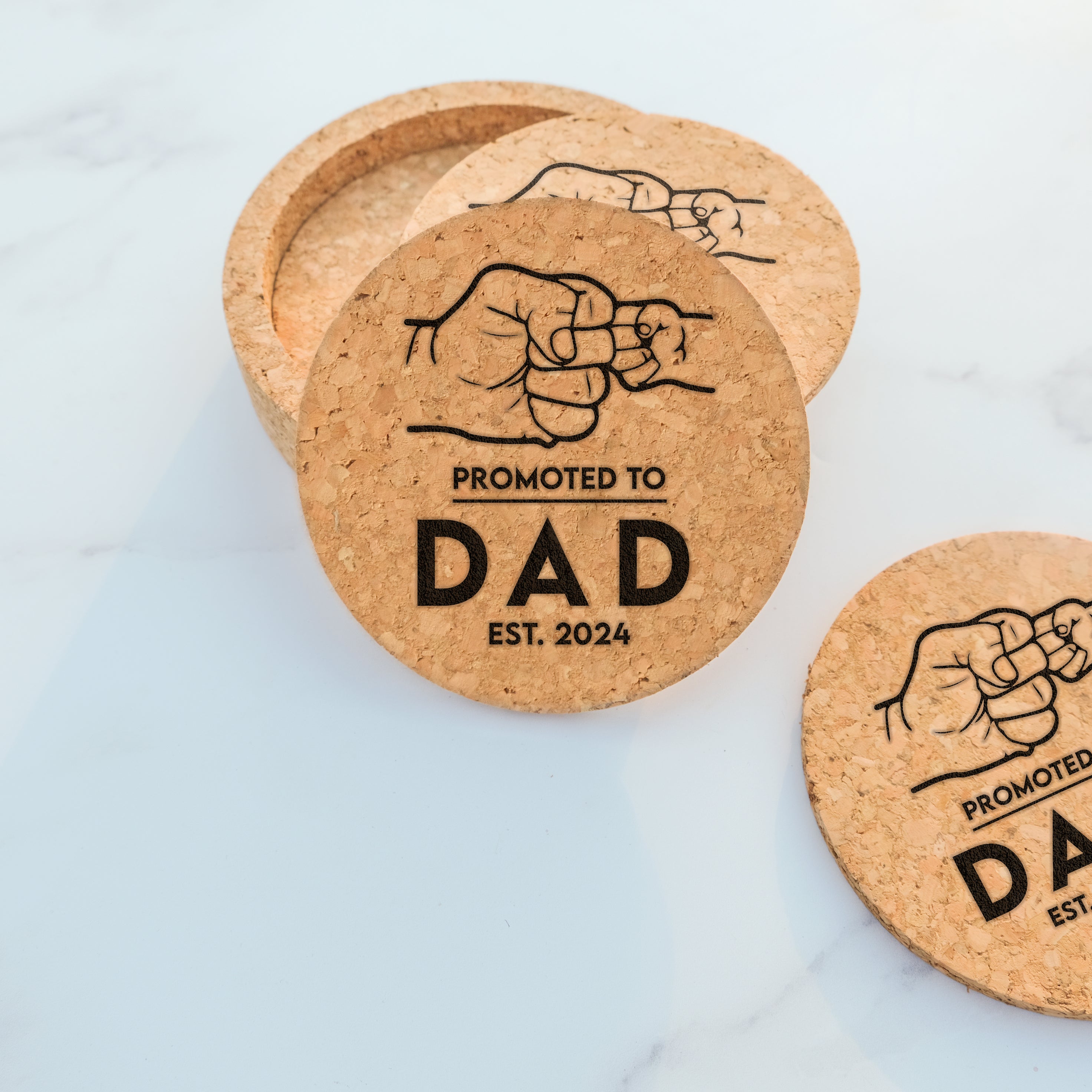 Promoted to Dad Cork Coasters, Design: FM12