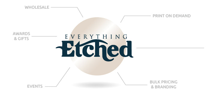 Everything Etched logo sitting layered above sphere labeled it's business services. Everything Etched offers On Site Engraving for Events, Engraving Services, Bulk & Wholesale, Print on Demand, Awards & Gifts. 