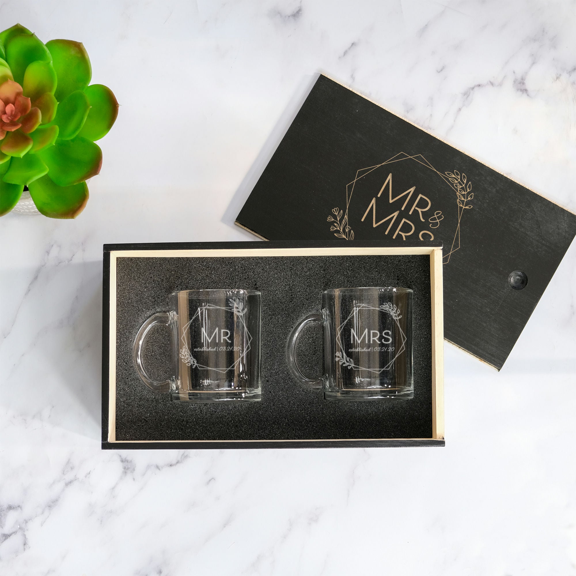 His and Hers Coffee Set in Wood Slide Gift Box, Design: HH5