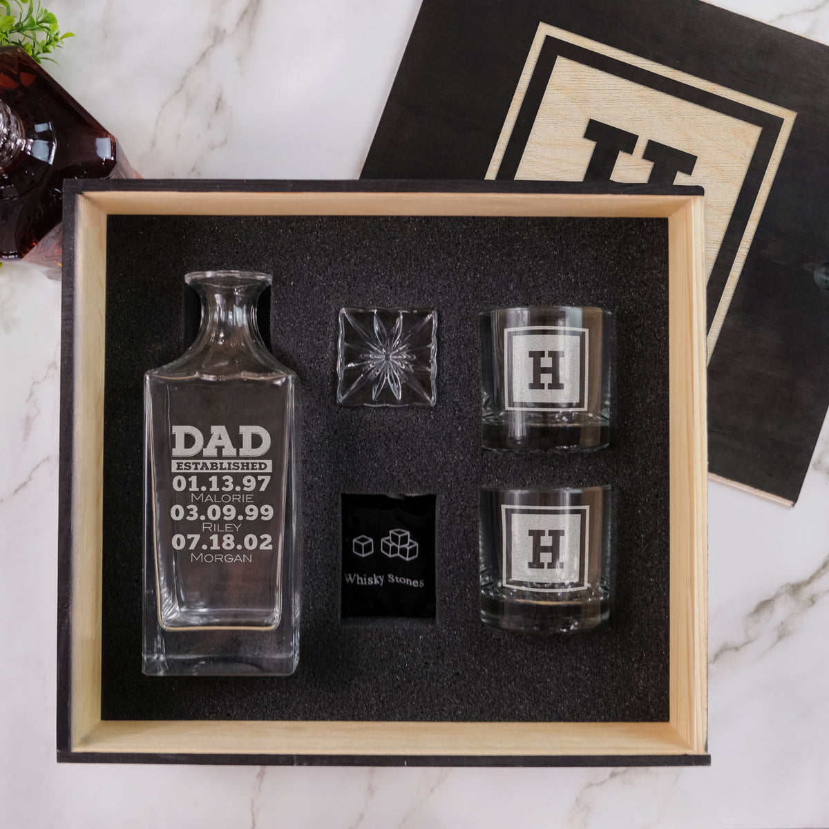 Embossed Whiskey Decanter Set Boss Wedding Birthday Dad Holiday Friend Gift  Box