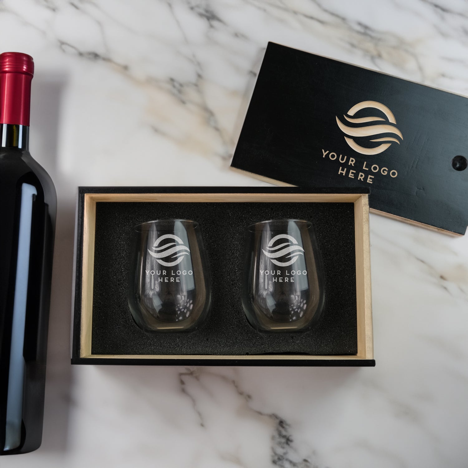 Custom Engraved Wine Glass Set with Logo, Design: LOGO