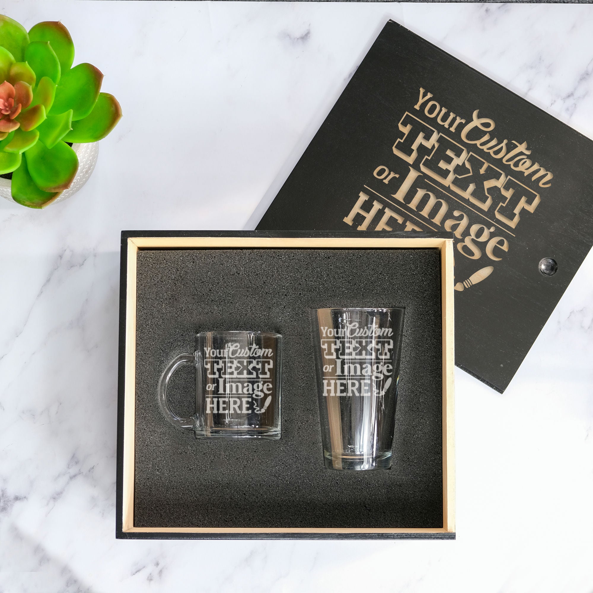 Custom Beer and Coffee Set in Wood Slide Gift Box, Design: CUSTOM