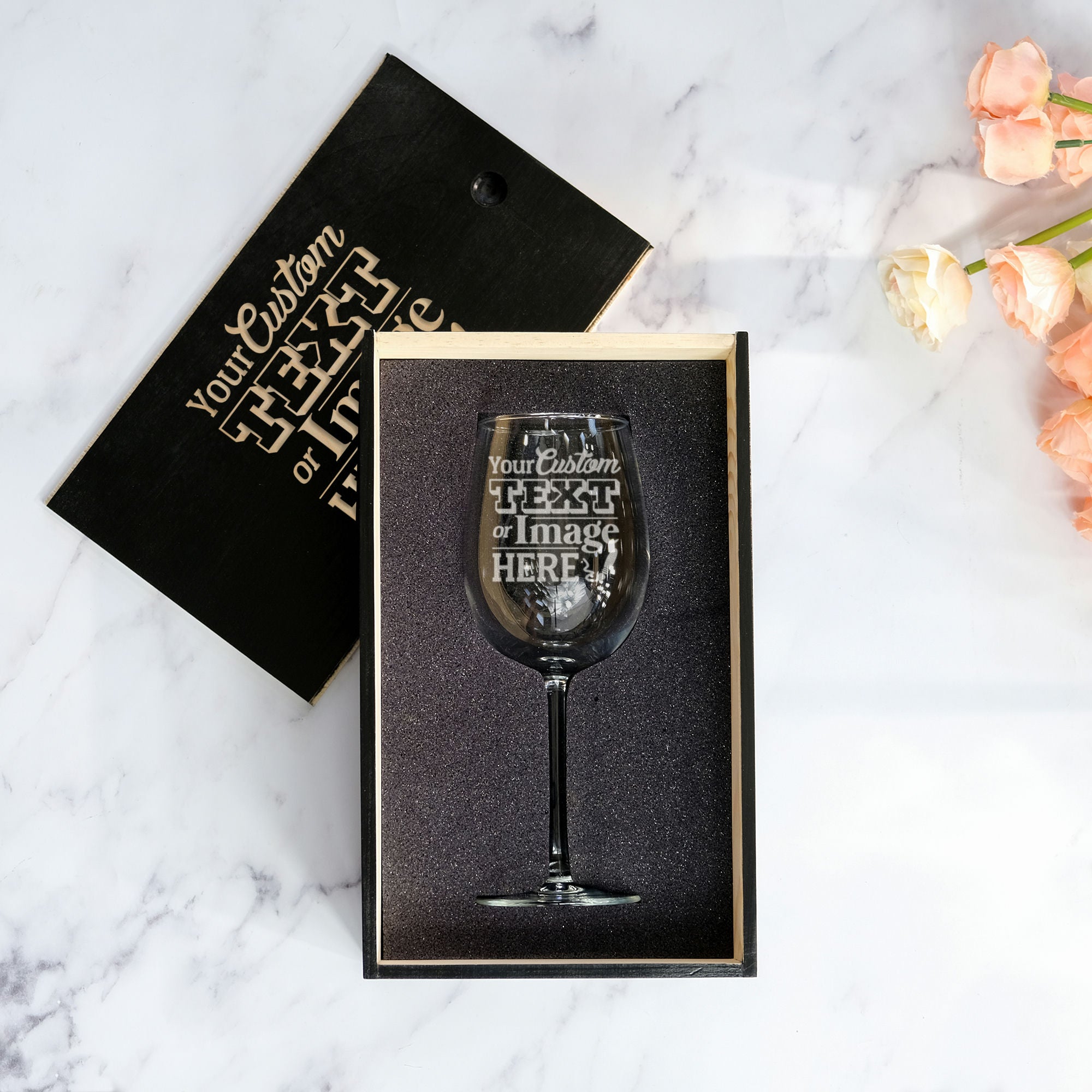 Custom Wine Glass in Wood Slide Gift Box, Design: CUSTOM