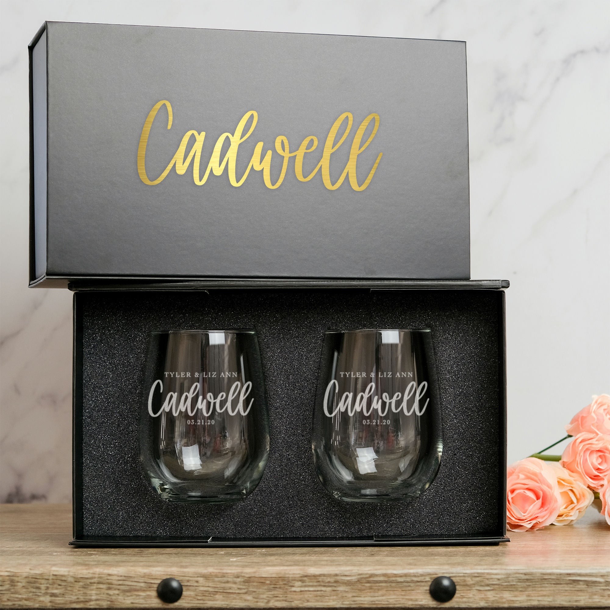 Wedding Stemless Wine Glass Set in Magnetic Gift Box, Design: L7