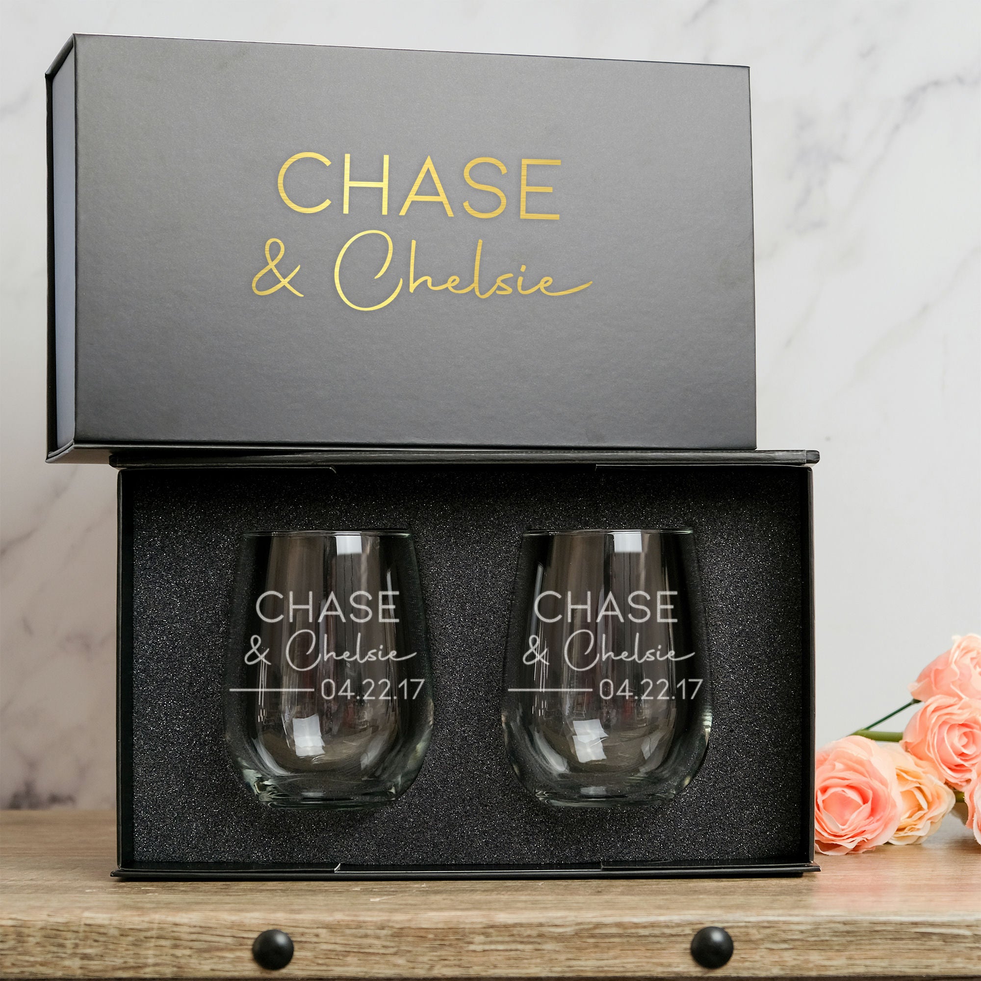 Wedding Stemless Wine Glass Set in Magnetic Gift Box, Design: N6