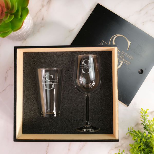 Couples Gift Set with Pint & Stemmed Wine Glass, Design: K3