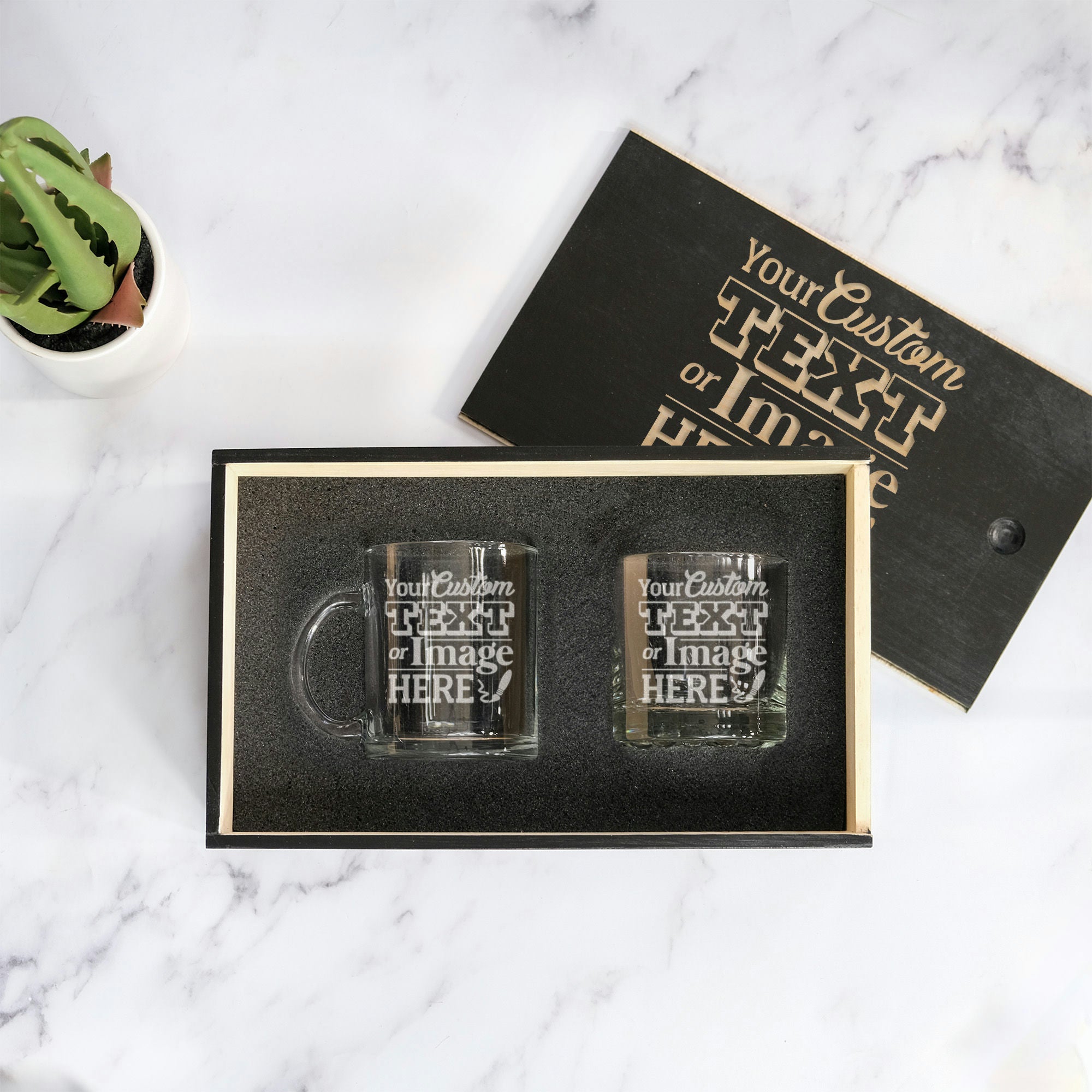 Custom Whiskey and Coffee Set in in Wood Slide Gift Box, Design: CUSTOM