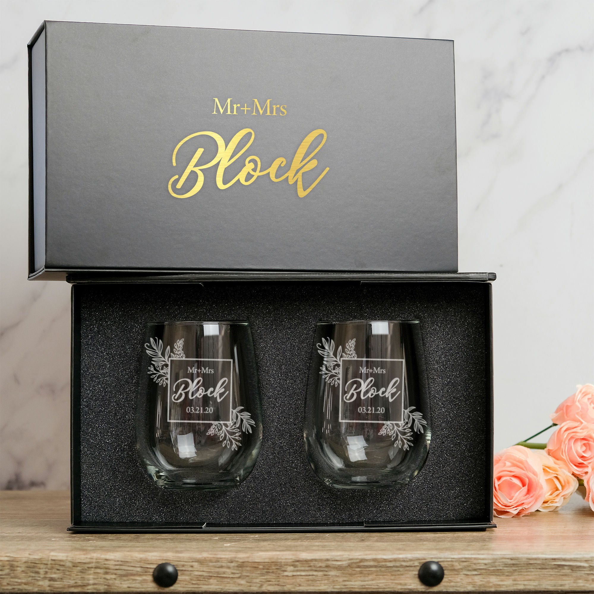 Floral Stemless Wine Glass Set in Magnetic Gift Box, Design: L5