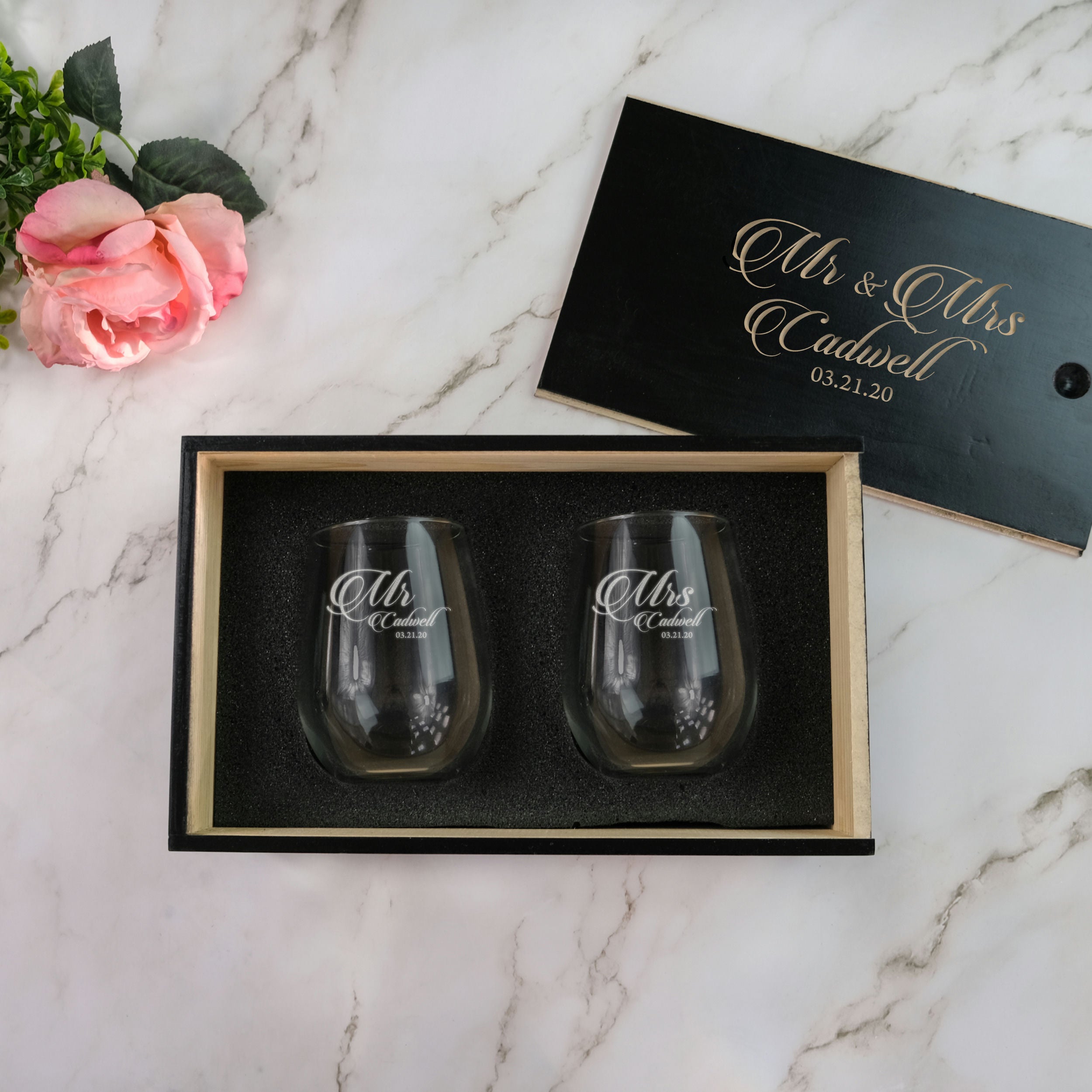 Engagement Stemless Wine Glass Set with Slide Top Box, Design: HH7