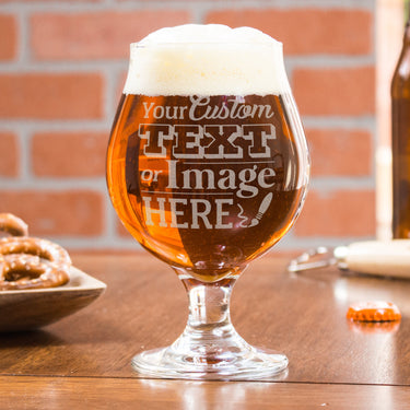 Personalized Belgian beer glass is customized with any logo, monogram, artwork, or text. Tulip style beer glass with stem. 