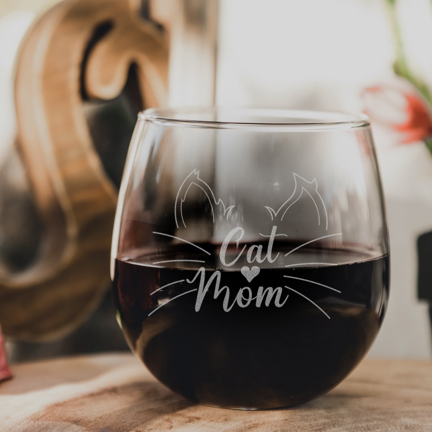 Etched Cat Mom Stemless Red Wine Glasses - Design: CATMOM