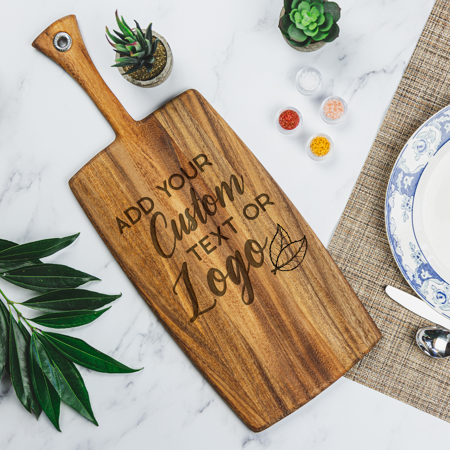 Rectangular wood cutting board laser engraved with your custom text, logo, or artwork. This acacia wood board is laser engraved in Scottsdale, Arizona. 