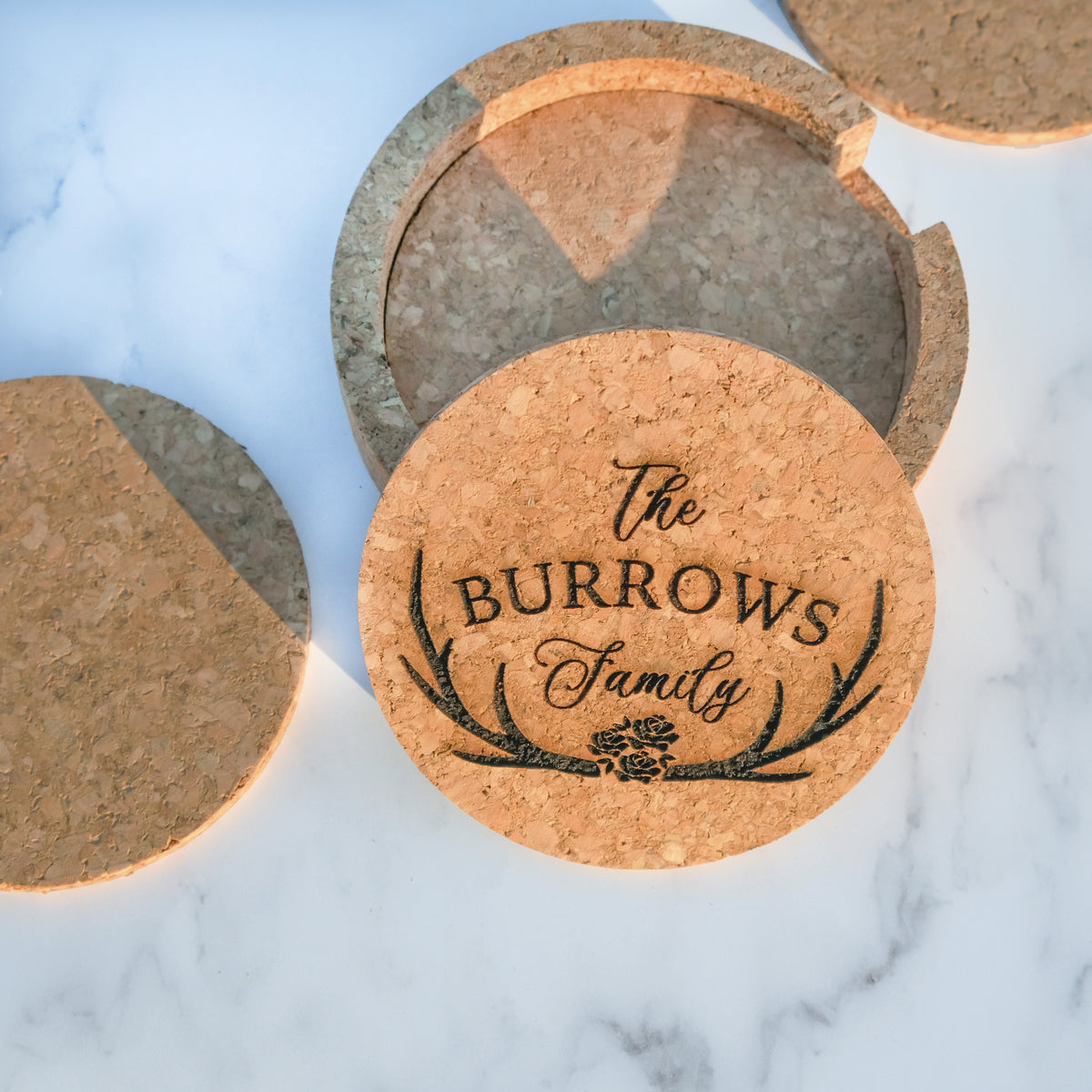 Personalized Cork Coaster Set for Couples, Design: N8 - Everything Etched