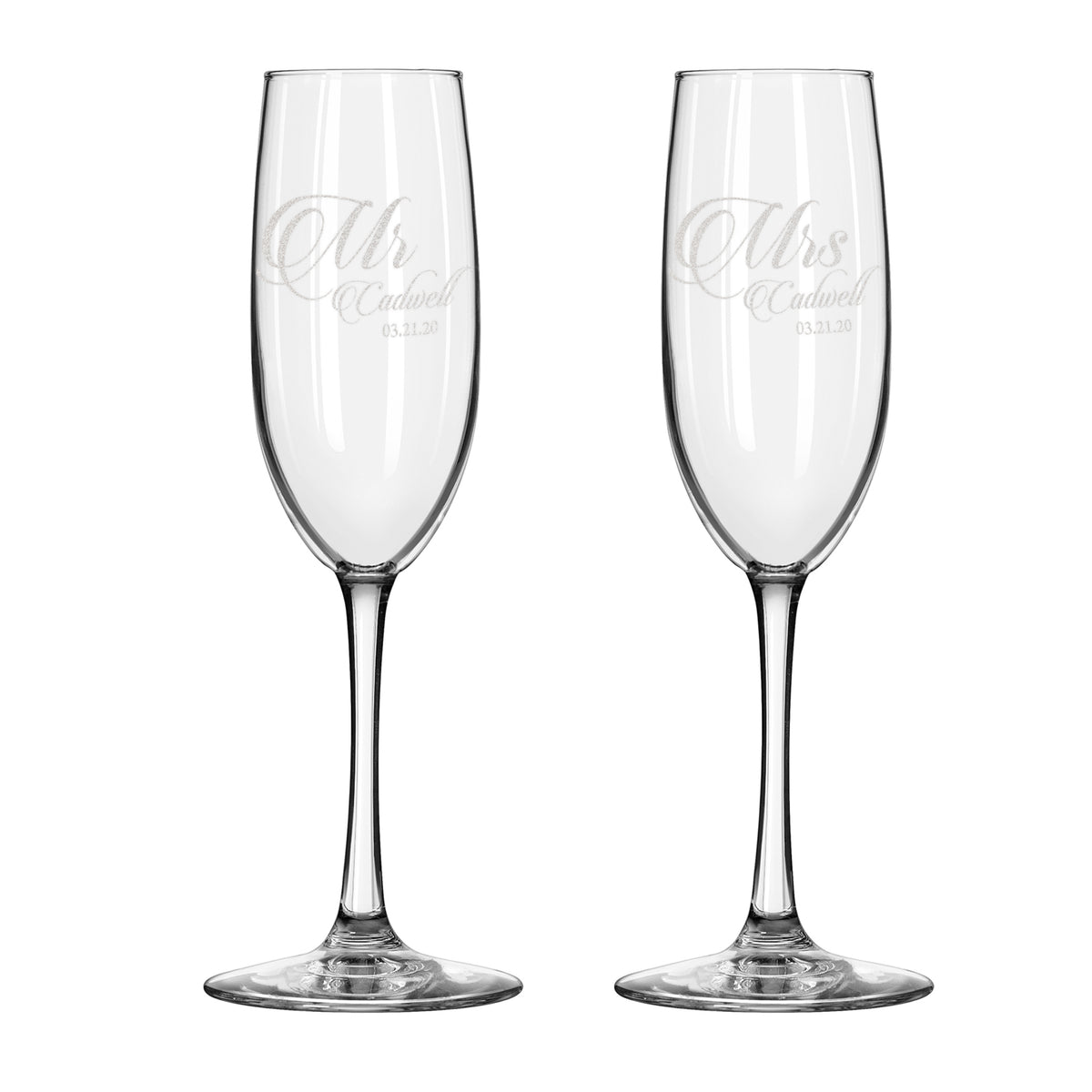 Bride & Groom Champagne Glass Set - Design: HH6 - Everything Etched