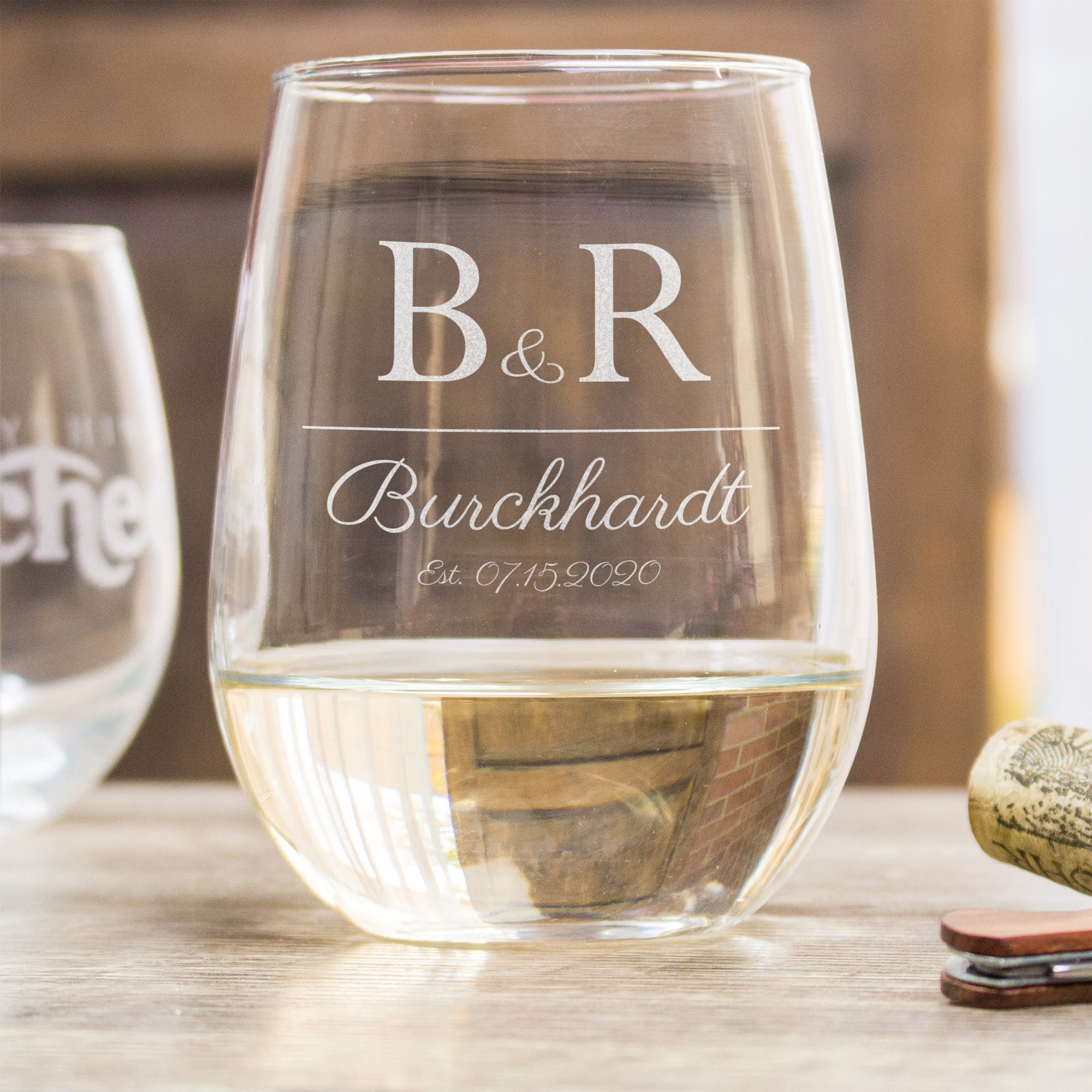 Etched Stemless White Wine Glasses - Design: L2