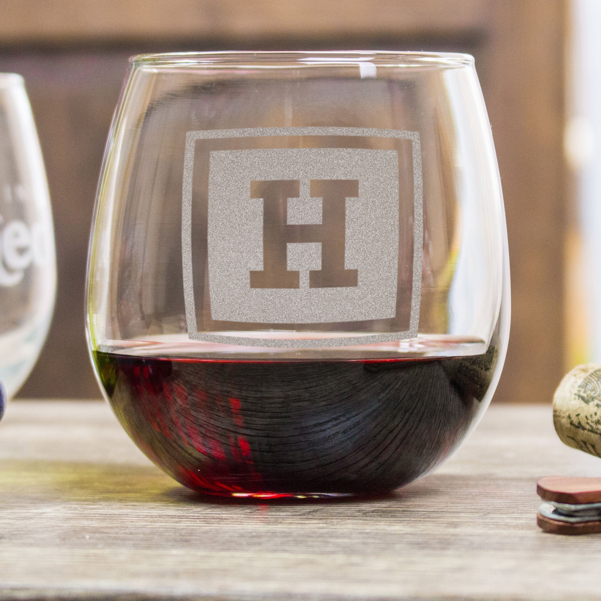 Etched Stemless Red Wine Glasses - Design: INITIAL1