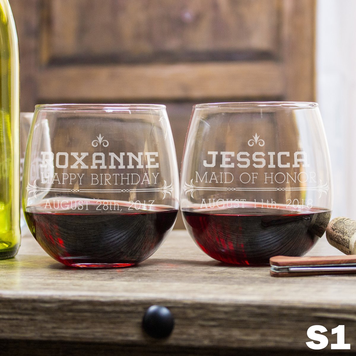 Etched Stemless Red Wine Glasses - Design: S1