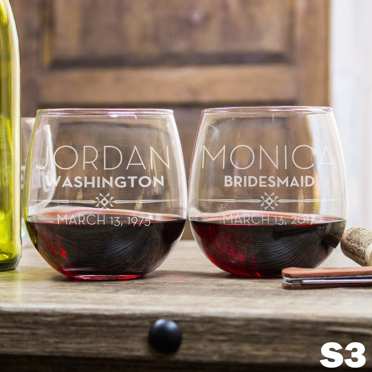 Etched Stemless Red Wine Glasses - Design: S3