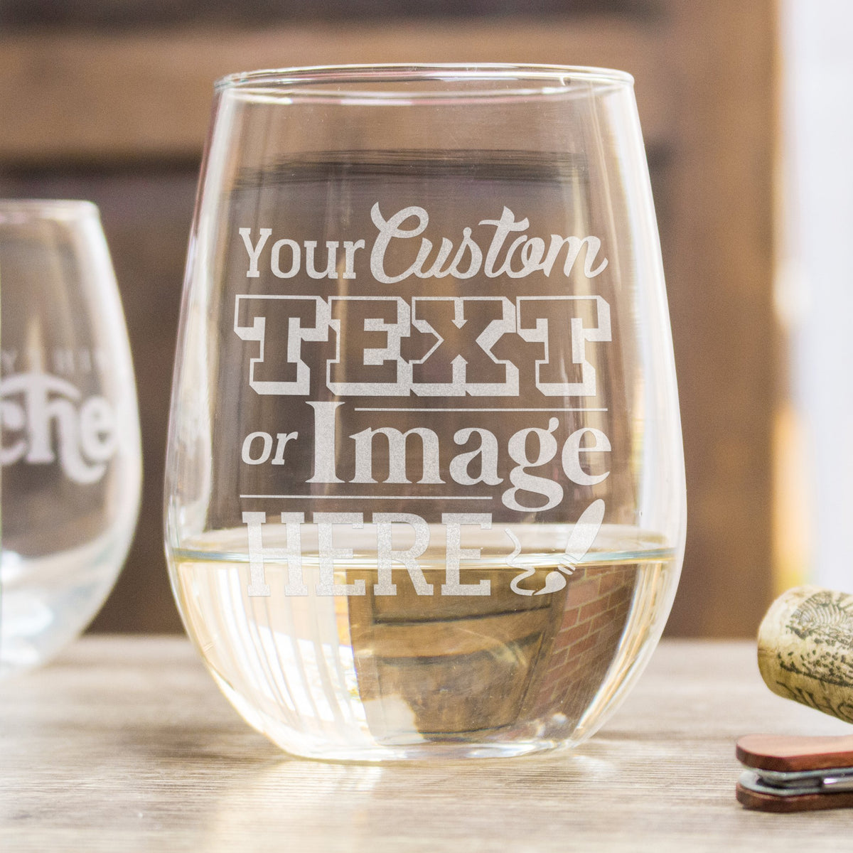 Peacock White Stemless Wine Glass Set, Engraved Glass