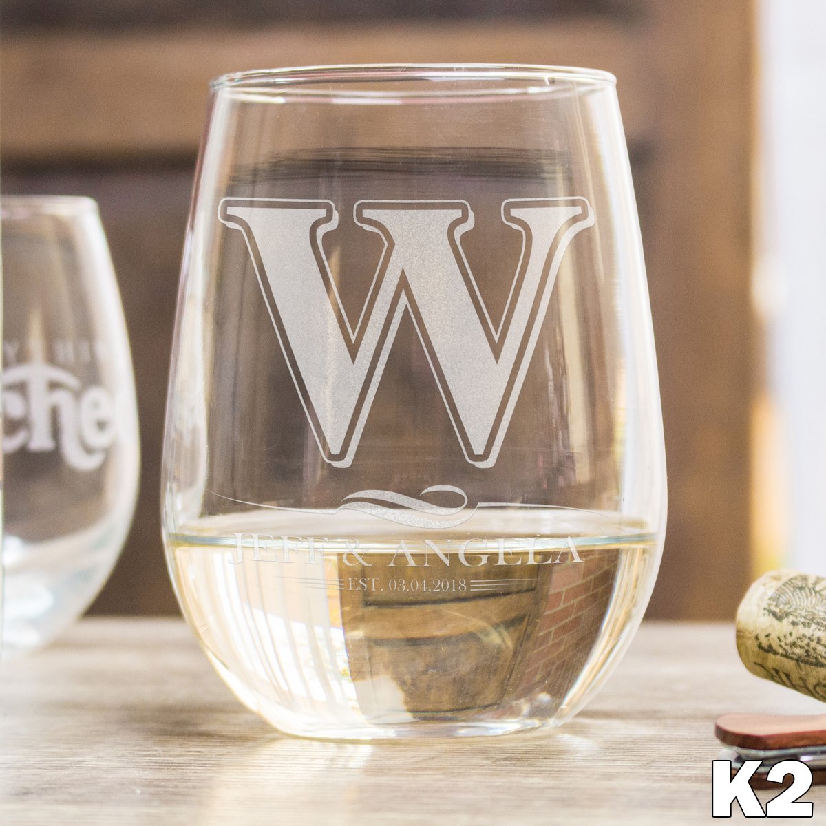 Etched Stemless White Wine Glasses Monogram - Design: K2