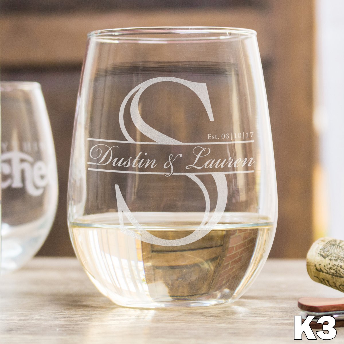 Set of 2 Customizable Monogram 15 oz Etched Stemless Wine Glass Engraved  Personalized with Initial and Name