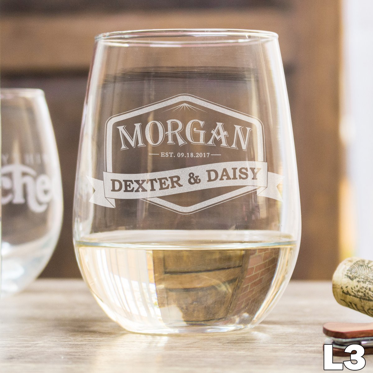 Etched Stemless White Wine Glasses - Design: L3