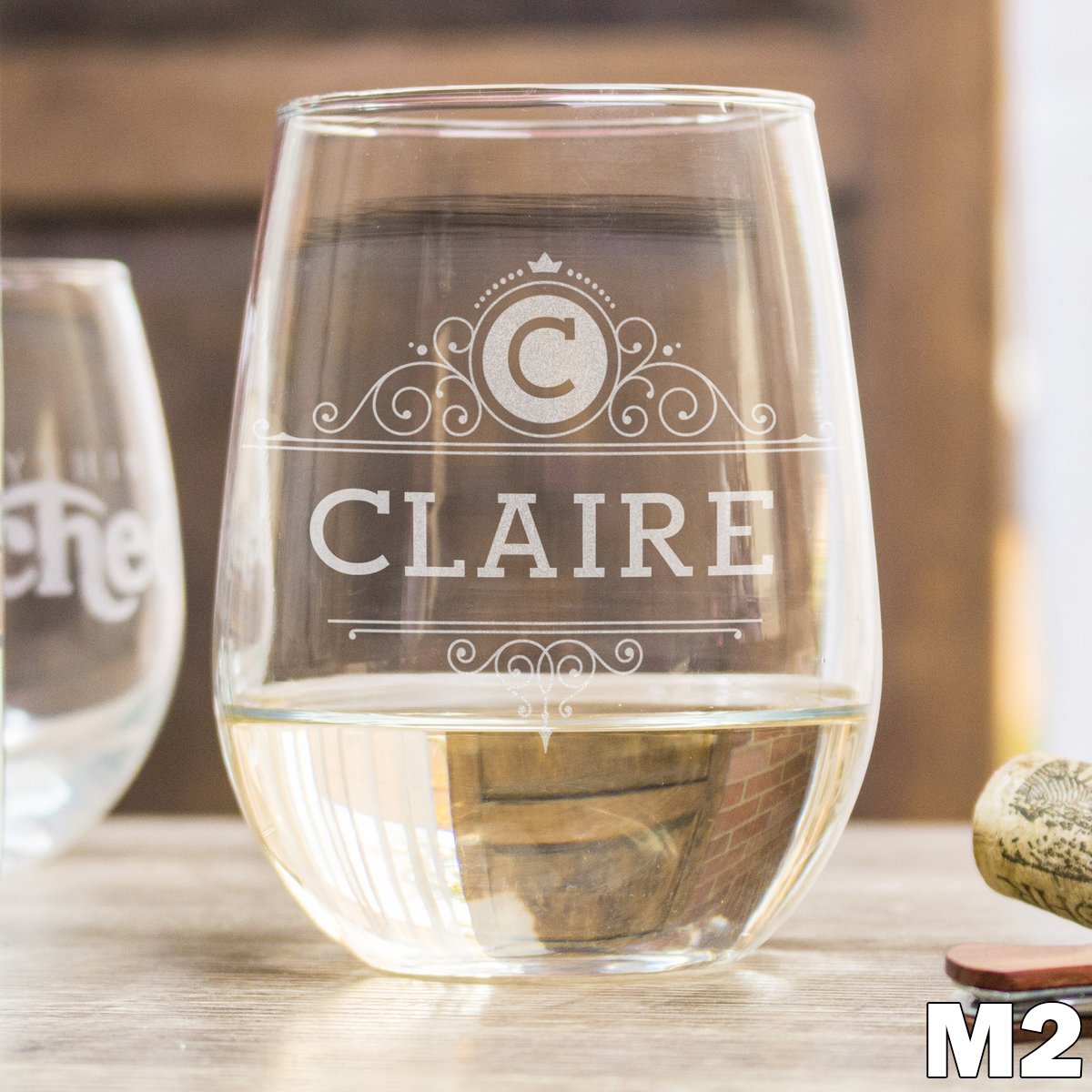 Etched Stemless White Wine Glasses Monogram - Design: M2