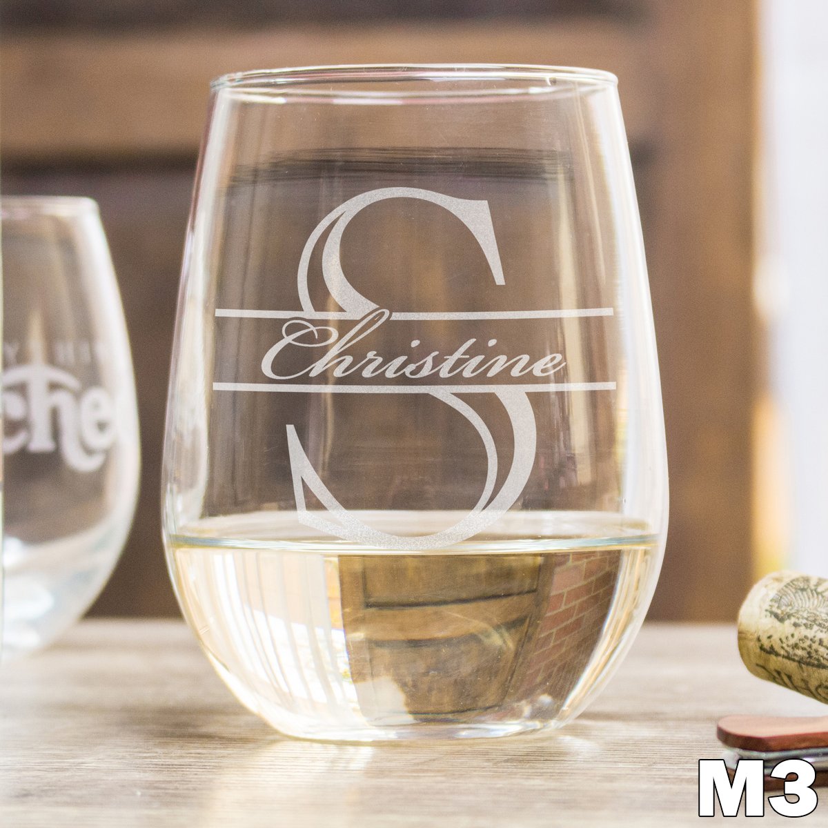 Etched Stemless White Wine Glasses Monogram - Design: M3