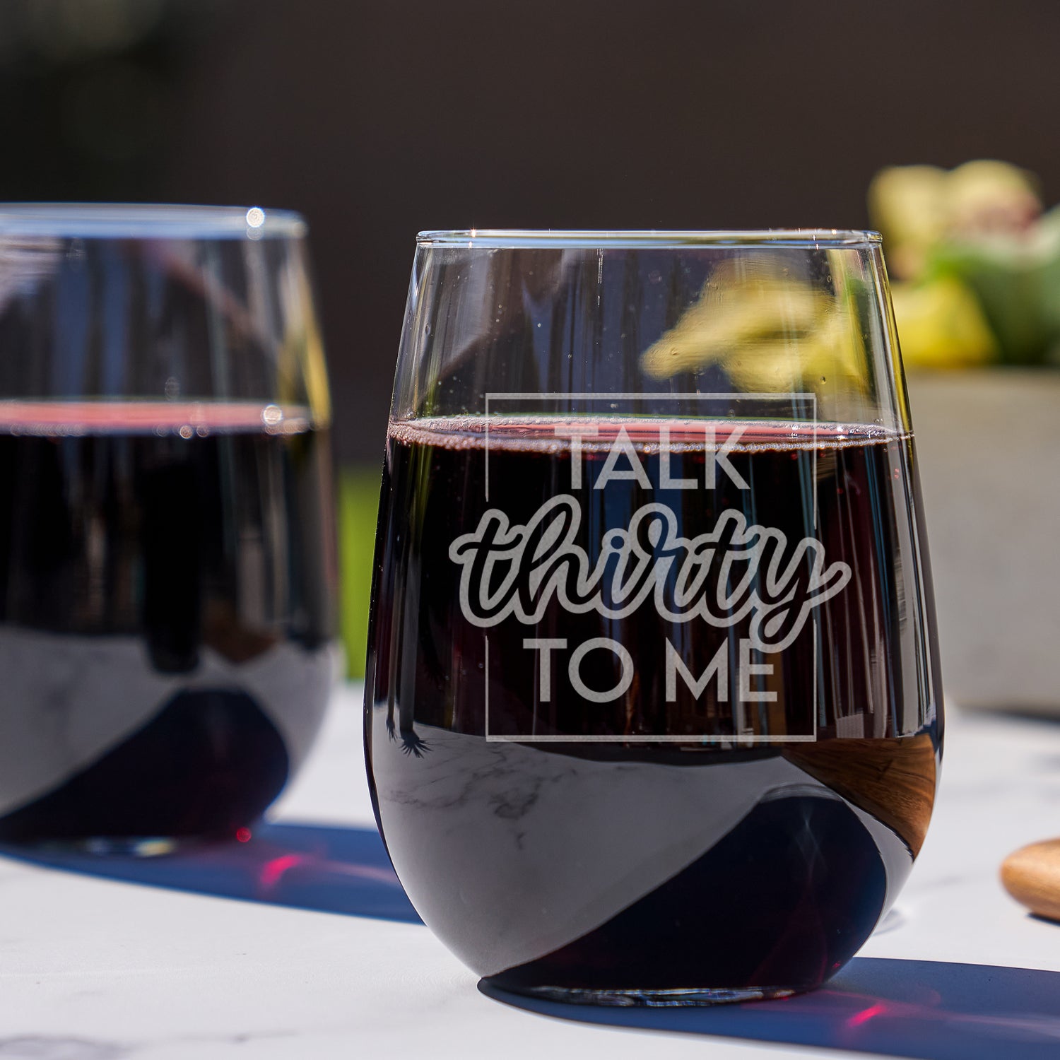 30th Birthday Etched Stemless Wine Glasses - Design: TALK30