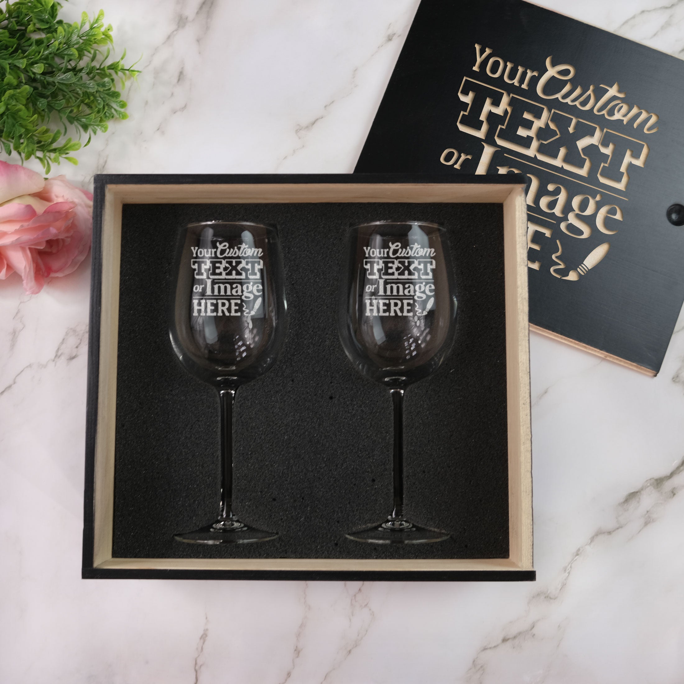 Stemmed Wine Glass Gift Set With Glossy Black Box, Design: CUSTOM