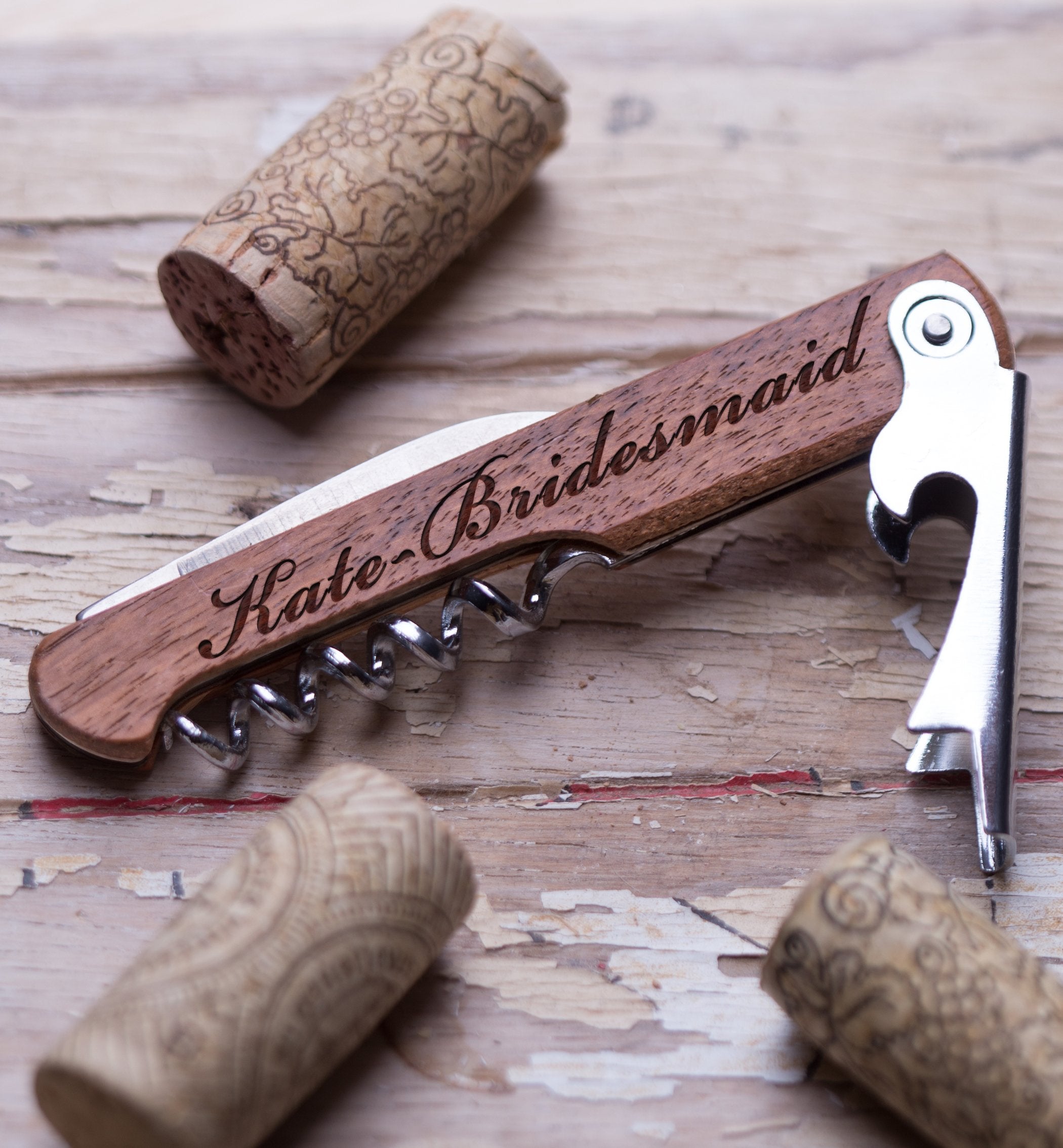 Personalized wine opener corkscrew engraved with custom text or name.