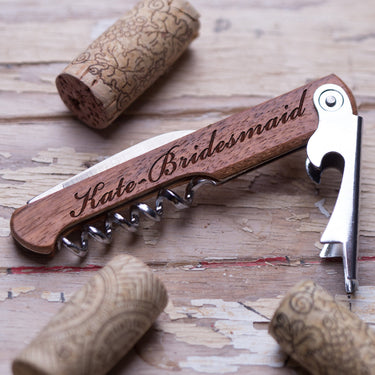 Personalized wine opener corkscrew engraved with custom text or name.