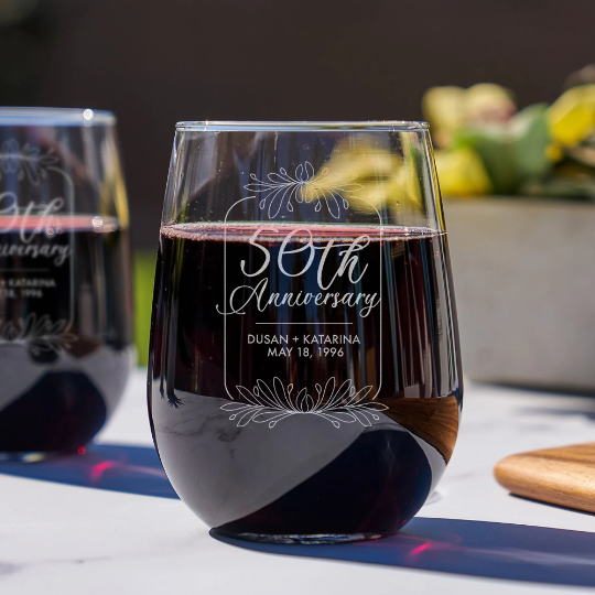 Custom Anniversary Stemless Wine Glasses, Design: A1