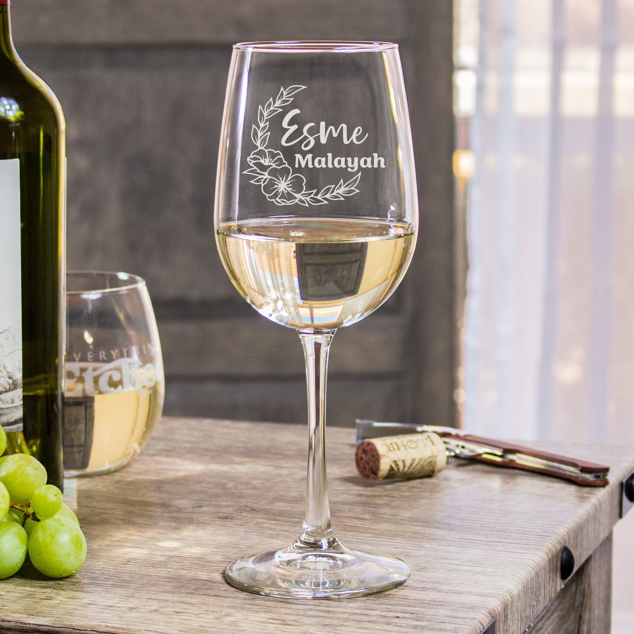 Custom Etched Wine Glass with Floral Design, Design: M7